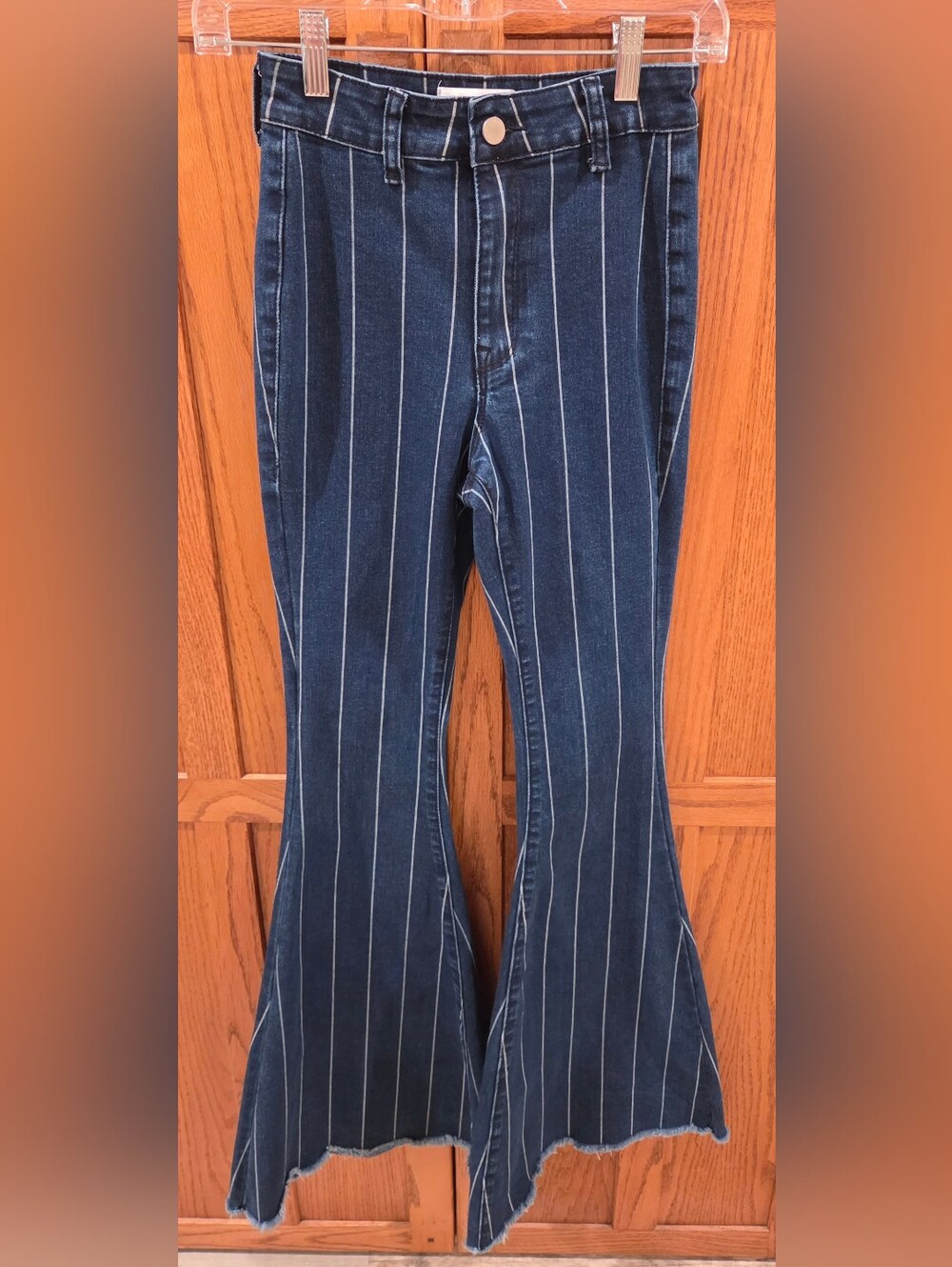 Petra 153 Pinstripe Flare Jeans Size 1 Dark Wash Raw Hem